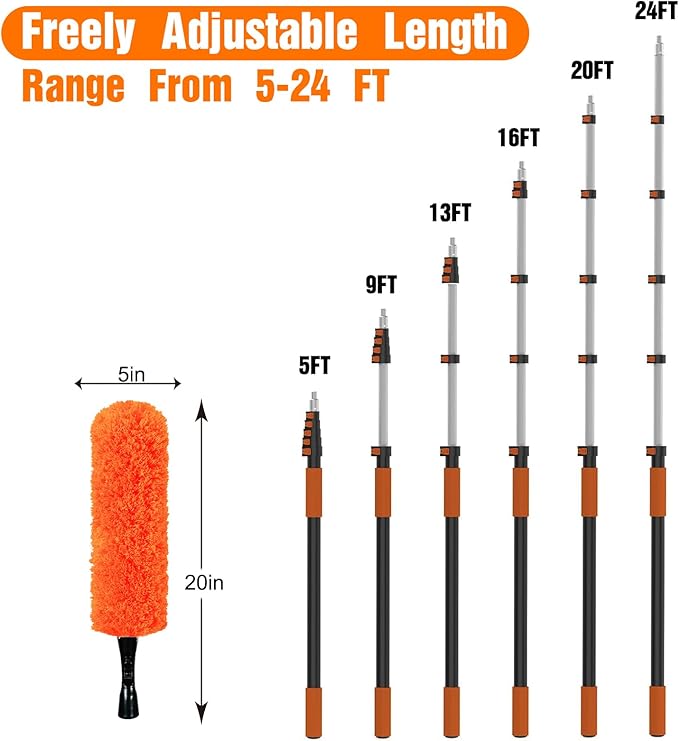 LAANPOLE 30FT Reach Ceiling Fan Cleaner Duster, Fan Blade Cleaner Kit with 5-24FT Extension Pole, Microfiber Duster & Replaceable Cleaning Cloth for Blades, Ceiling, Furniture