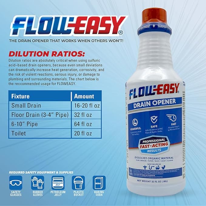 Flow-Easy Professional Virgin Sulfuric Acid Drain Opener – 6 Pack (32oz Bottles) – Fast-Acting Liquid Clog Remover for Grease, Hair, & Soap Scum – Septic Safe & Industrial Strength