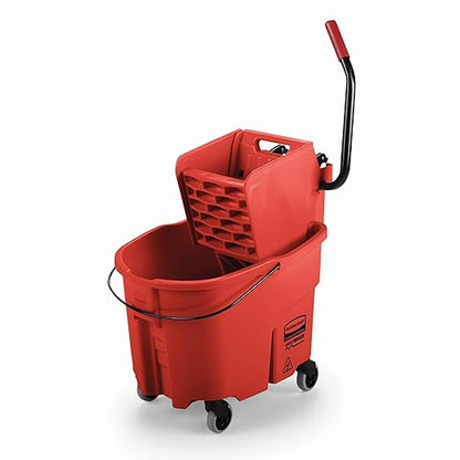 Rubbermaid Commercial Products WaveBrake 35 QT Side-Press Mop Bucket and Wringer Combo on Wheels Red for Heavy-Duty Floor Cleaning