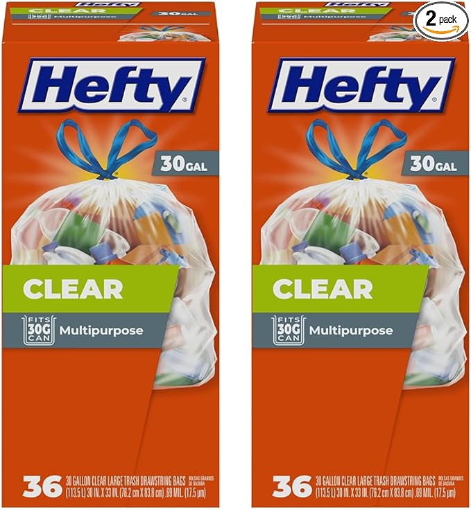 Hefty Clear Trash Bags, Clear, 30 Gallon, 36 Count (Pack of 2)