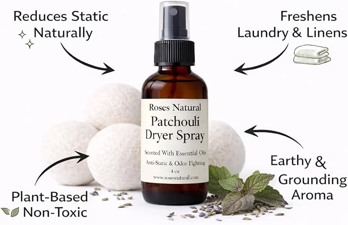 Wool Dryer Balls & Dryer Spray Bundle – 3 Reusable Dryer Balls + Plant-Based Essential Oil Dryer Spray, Natural Fabric Freshener, Anti-Static & Odor Fighting (Patchouli)