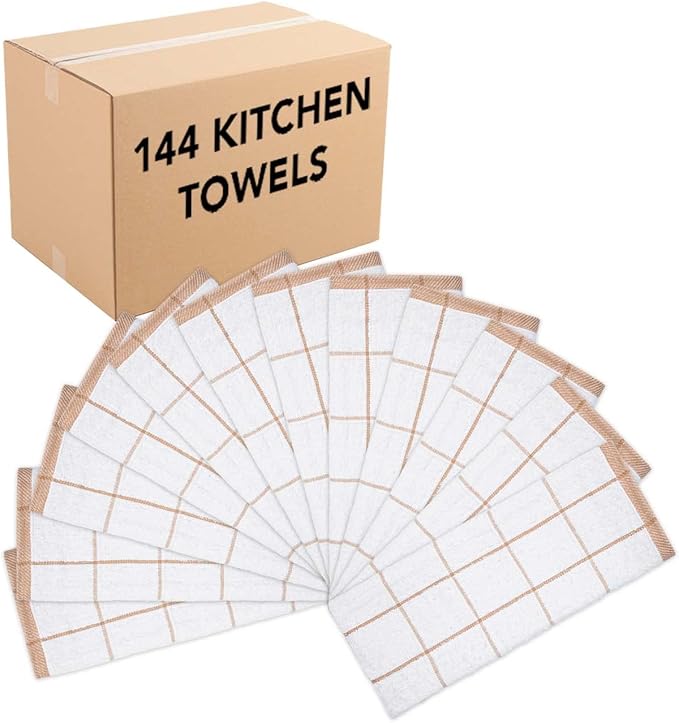 Arkwright Kitchen Tea Towels - (Bulk Case of 144) Soft, 100% Cotton Terry Dishcloths, Highly Absorbent & Quick Dry, Hand Washcloths for Washing, Drying, and Cleaning, 15 x 25 in, Tan