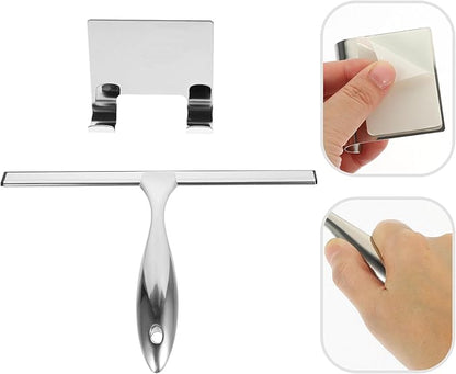 Toyvian Stainless Steel Shower Squeegee and Window Squeegee with 10-inch Blade and Adhesive Hook, Glass and Mirror Cleaner for Bathroom, Car, and Shower Door Use
