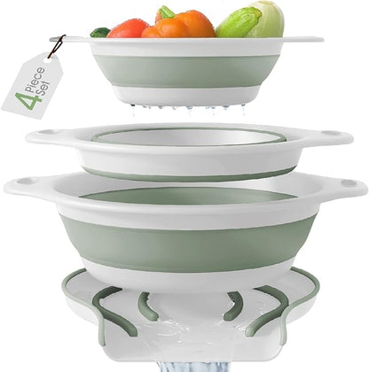 Gevoli Collapsible Colanders (3 Pack Set) Food Strainers with Over-Sink Water Draining Base for Pasta Fruits and Vegetables, White/Sage (3 Sizes, 3QT, 4QT and 5 Quart)
