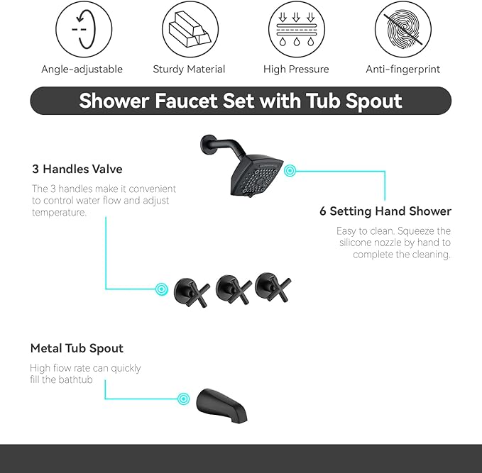 3 Handle Shower Faucet Set with Tub Spout 6-Spray Shower Head and Handle Set Shower Trim Kit with Rough-in Valve Bathroom Shower Faucet Valve Trim Kit Shower System Matte Black