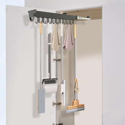 Pull-Out Mop and Broom Holder Slide Broom Closet Organizer Sliding Garage Storage Rack with 20 Adjustable Hooks, 22 in Wall Mount Sliding Organizer Rack for Closet, Kitchen, Laundry