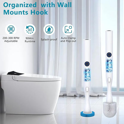 Electric Toilet Brush and Holder Set, Hillyfe Motorized Toilet Brush with 15 Disposable Refill Heads, Hard Nylon Brush 360 Degree Cleaning, Rechargeable