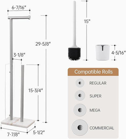KES Freestanding Toilet Paper Holder with Storage, Toilet Brush Roll Holder Stand with Natural Marble Base with Toilet Brush Detachable for Bathroom Brushed, BPH233-2