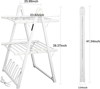 Electric Heated Clothes Drying Rack,Foldable Heated Garment Dryer with Timer Shut-Off Laundry Rack for Clothes Shoes Socks,Aluminum Alloy,White,Plug & Play,(39.37x25.98x23.82in)
