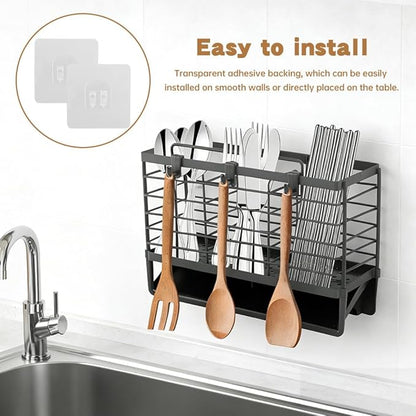 3-Compartment Dish Drying Rack for Kitchen, Carbon Steel Utensil Holder with Drain Tray, Utensil Caddy Organizer for Knives, Forks, Spoons, Chopsticks, Wall Mount or Countertop (Charcoal Grey)