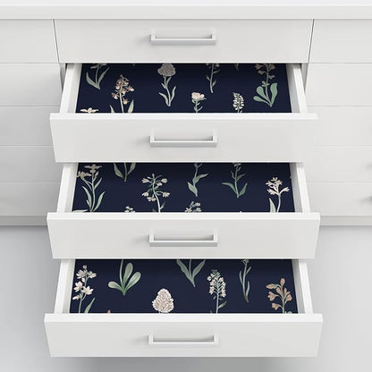 Wudnaye Dark Blue Peel and Stick Wallpaper Dark Floral Contact Paper 16.9in×118.1in Self Adhesive Flower and Leaf Contact Paper Blue Wallpaper White Vintage Removable Waterproof for Bathroom Room Wall