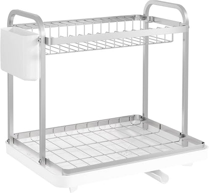 Sakugi 2-Tier Dish Drying Rack - Stainless Steel Dish Rack with Cutlery & Utensil Holders for Kitchen Counter, Sink Organization and Storage for Small Family, 15" W x 11.4" L x 15" H, White