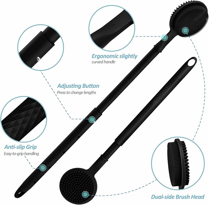 Silicone Back Scrubber & Soft Bath Glove 2PCS, 16''- 24'' Extendable Shower Scrubber with Dual-Side Head, 360° Anti-Slip & Hand-fit Silicone Body Scrubber for Rich Foaming Deep Cleaning(Black)