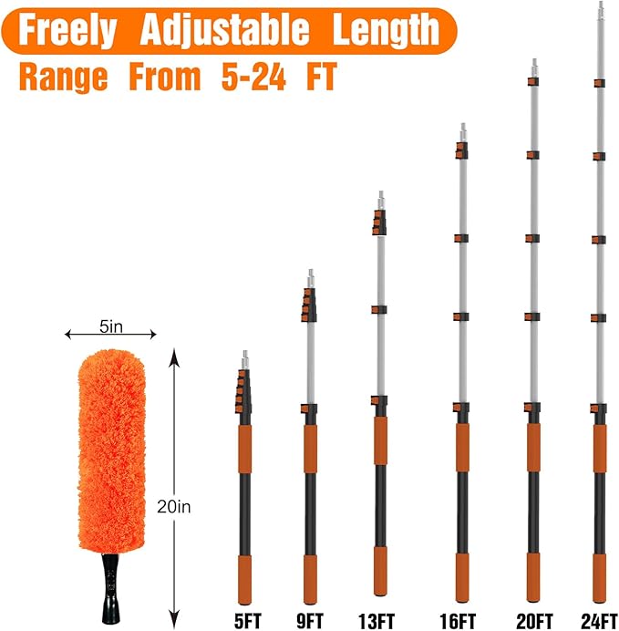 LAANPOLE 30FT High Reach Duster Cleaning Kit with Extension Pole, High Ceiling Fan Cleaner Duster Tool for Fan Blades, Window Washing Kit with Microfiber Feather Duster & Window Squeegee