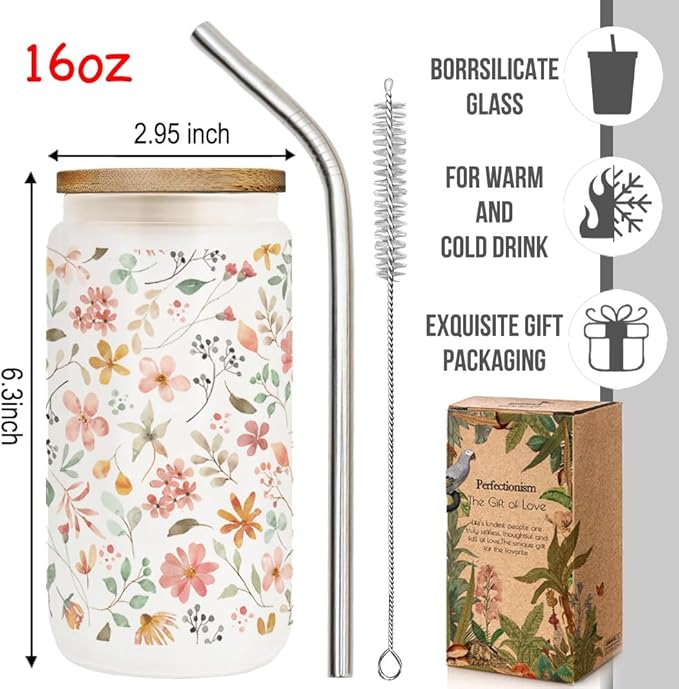 Floral Iced Glass Cups with Bamboo Lids and Straws 16oz Wildflower Coffee Cup Gift for Women Cute Flower Drinking Glass with Cleaning Brushes Gifts for Mother Birthday Bridesmaid Party