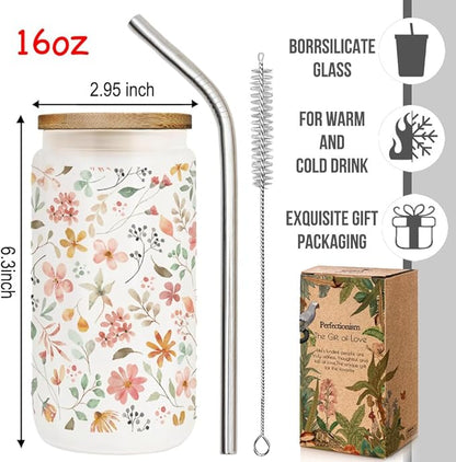 Floral Iced Glass Cups with Bamboo Lids and Straws 16oz Wildflower Coffee Cup Gift for Women Cute Flower Drinking Glass with Cleaning Brushes Gifts for Mother Birthday Bridesmaid Party