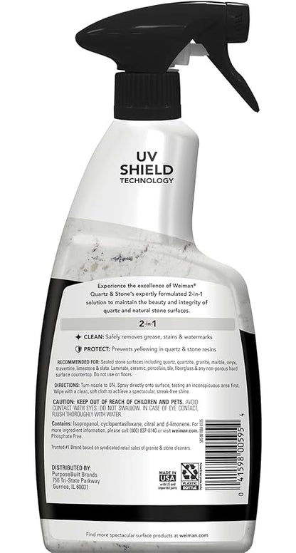 Weiman Quartz Countertop Cleaner and Polish - Clean and Shine Your Granite, Marble Countertops, Kitchen Island, and Stone Surfaces with UV Anti-Fade Protection, Citrus, 24 Ounce with Microfiber Cloth