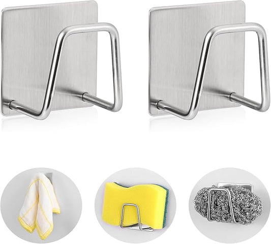 Luckyiren 2-Pack Stainless Steel Sponge Holder for Kitchen Sink - Rustproof Brushed SUS304 Sponge Caddy Organizer, Wall/Surface Mount, Drainage Design, Clutter-Free Storage