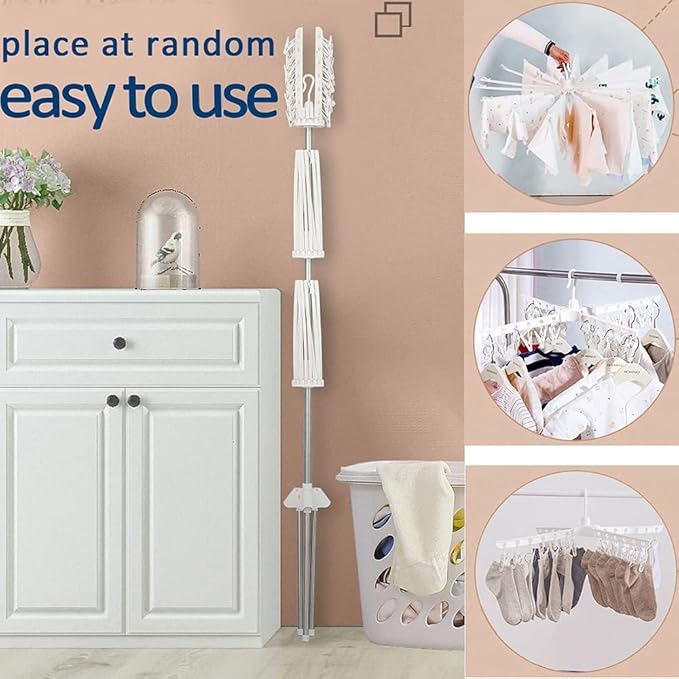 3-Tier Foldable Clothes Drying Rack, 66.93" Laundry Rack with 24 Sock Clips & Rotating Rail, Space-Saving for Balcony (White)