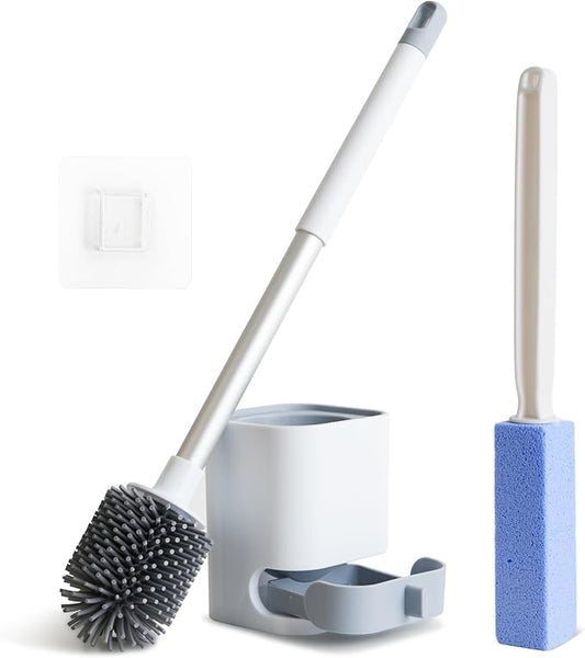 Toilet Cleaner Brush, Silicone Toilet Brush+Pumice Stone for Toilet Cleaning, with Non-Slip Long Handle, Wall Mounted/Floor Standing, Toilet Brush Set for Bathroom RVs