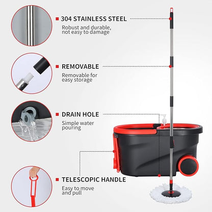 Mop and Bucket Set, 360° Spin Mop and Bucket with Wringer Set and 3 Microfiber Mop Refills, Stainless Steel 61'' Extended Handle Spinning Mop Bucket System for Floor Cleaning