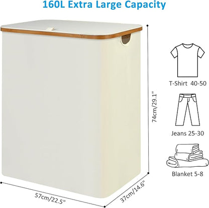 efluky Laundry Hamper with Lid, 160L Tall Laundry Basket with Bamboo Handles for Clothes and Toys, Collapsible Laundry Hamper with 2 Inner Bags for Bedroom and Bathroom, Beige
