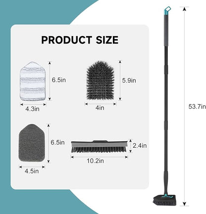 nacena Shower Scrubber with Long Handle, 4 in 1 Tile Tub Scrubber Brush with 3 Detachable Cleaning Heads and V-Shaped Grout Brush Shower Cleaner Brush for Bathroom Kitchen Toilet Tub Sink Wall, Black