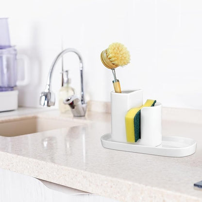 Geelin 3 in 1 Ceramic Kitchen Sink Caddy Dish Sponge Holder Scrub Brush Holder and Soap Tray for Kitchen Organizer White Rustic Farmhouse Supplies(White)