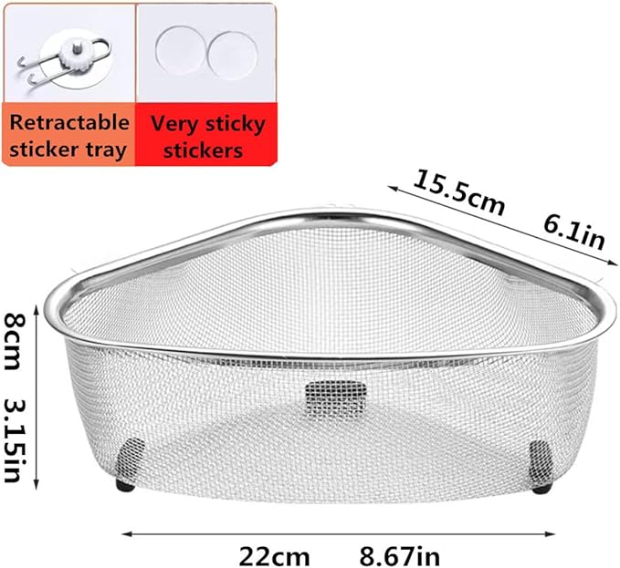 Kitchen Triangle Sink Strainer, Corner Sink Strainer, Multifunction Sink Drain Strainer Basket, Stainless Steel Food Catcher Strainer for Kitchen Waste, Vegetable, Fruits (Silver) (CF-001)