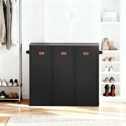 185L Laundry Hamper 3 Section with Lid, Black Dirty Clothes Hamper with 3 Removable Laundry Bags, Large Laundry Basket for Bedroom, Laundry Room, Dorm