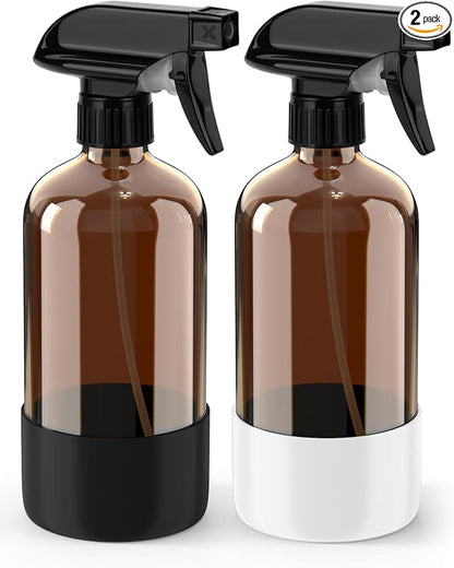 Bontip Glass Spray Bottle with Silicone Sleeve Protection, Amber Glass Spray Bottle Set for Window Cleaner Aromatherapy Facial Hydration Watering Flowers Hair Care 2 Pack/16 oz (Black & White, 16 oz)
