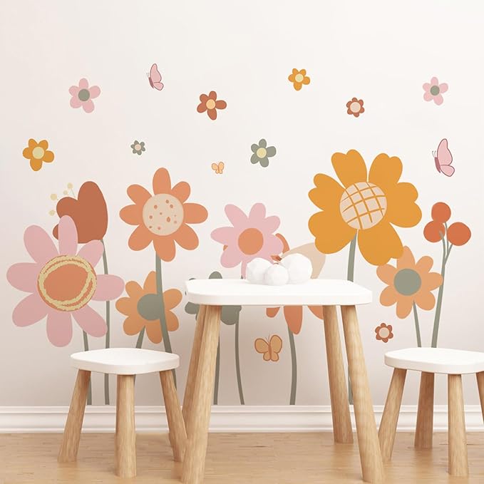 Cute Style Daisy Wall Decals Flower Wall Stickers Daisy Sticker Pink Yellow Flower Decal Peel and Stick Floral Wallpaper for Girls Bedroom Living Room Nursery Home Decor