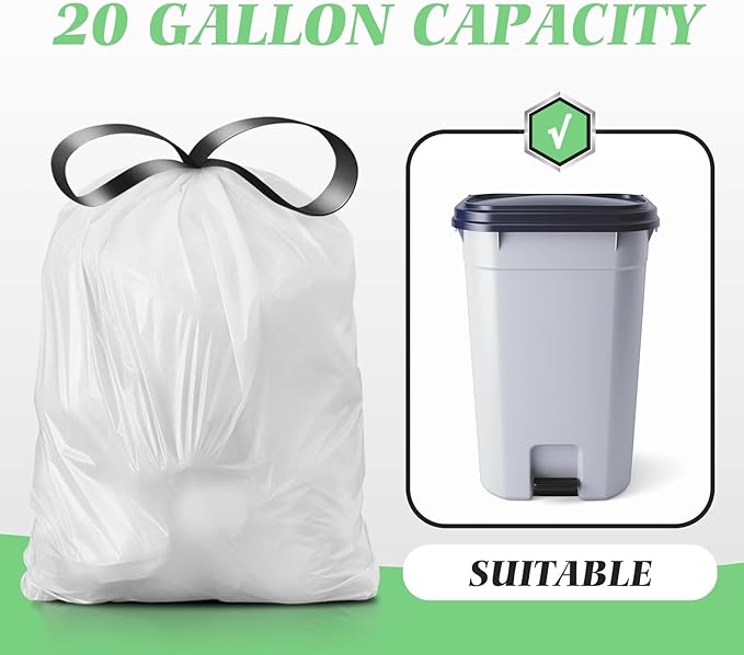 20 Gallon Large Drawstring Trash Bags 120 Counts, Fit 20-21 Gal Trash Can, Heavy Duty Tall Kitchen Garbage Liners, Large Trash Bags Size Chart for Home/Office, Outdoor Lawn & Leaf Bags, White
