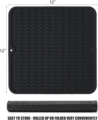 Silicone Dish Drying Mat, Non-Slip Easy Clean Sink Mat Large Heat-resistant Dish Drainer Mat for Kitchen Counter, Sink, Refrigerator or Drawer liner (12" x 12", BLACK)