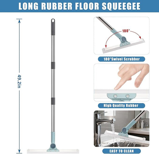 Flat Mop and Bucket Set with Floor Squeegee, Heavy Duty Scrub Brush, 2 Washable Reusable Microfiber Pads, for Tile Hardwood, Wall Cleaning, Home Indoor or Outdoor Cleaning (White-Gray)