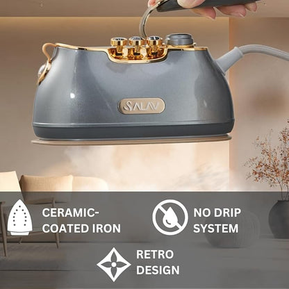 SALAV® Retro Edition Duopress Handheld Garment Steamer and Iron, Ceramic Plate, 1000 watts of Steam, Removes Wrinkles on Clothes, Vintage Style No Drip Steam, Titanium (Pack of 2)