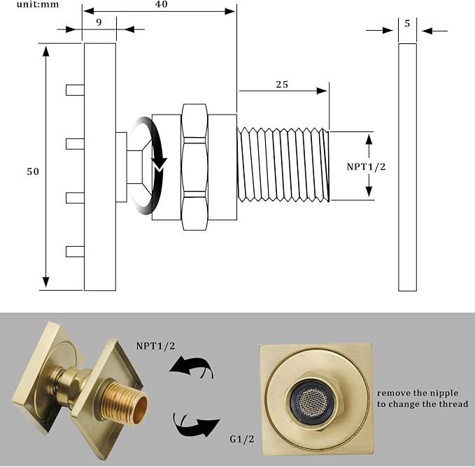 Brushed Gold 6 Pack HOMEDEC 2inch Round Brass Square Massage Shower Body Sprayer Jets