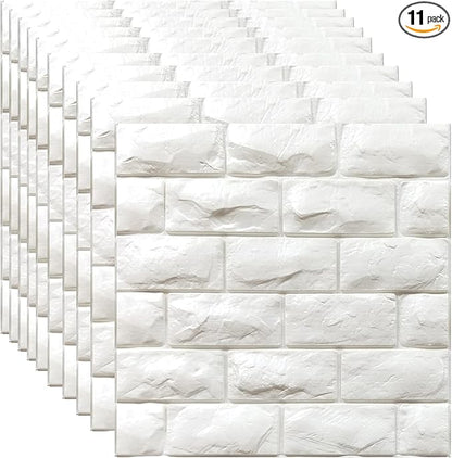 3D Wall Panels Peel and Stick 11PCS White Foam Brick Wallpaper for Bedroom Faux Stone Wall Panel Self-Adhesive Wallpaper (11PCS-10.65 Sq Ft, White)