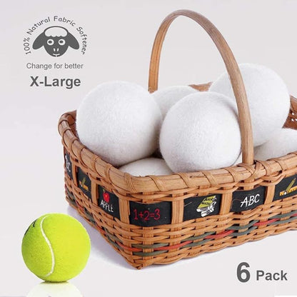 Budieggs Wool Dryer Balls Organic XL 6-Pack, 100% New Zealand Wool Chemical Free Fabric Softener for 1000+ Loads, Baby Safe & Hypoallergenic, Fabrics Soft and Fluffy Naturally