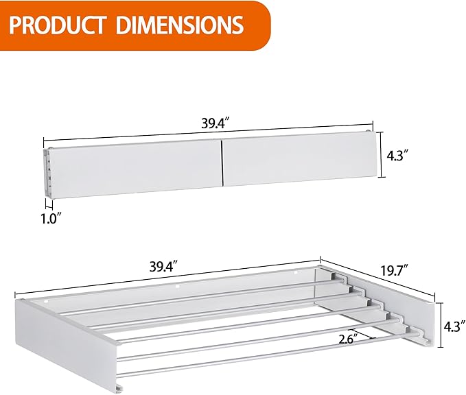 FOCHIER F Laundry Drying Rack Wall Mounted Clothes Drying Rack Collapsible with 5 Aluminum Rods and Drilling Template Long Screwdriver Bit 60 lbs Capacity (White, 40")