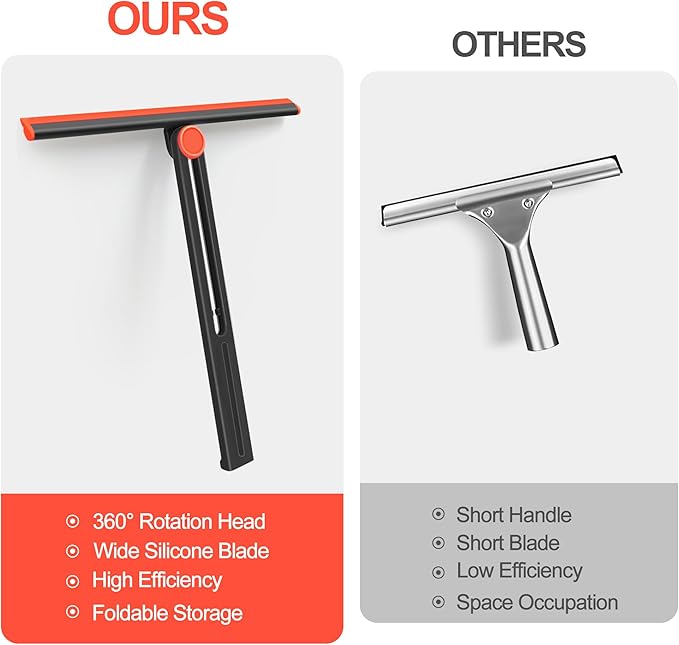 Shower Squeegee for Glass Doors with 2 Pack Multi-Purpose 360° Rotating Window Squeegees for Walls Wiper, Car Windshield, Tile, Mirrors and Kitchen, 11-Inchs