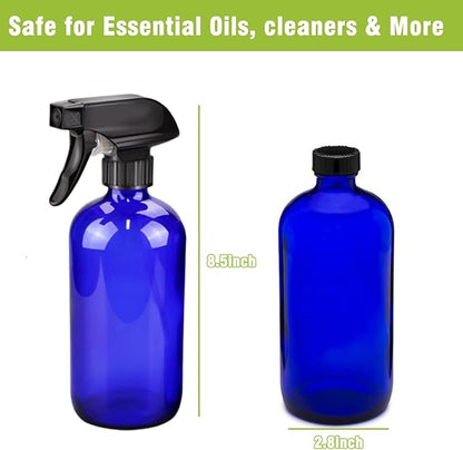 16oz Glass Spray Bottles,2-Pack Refillable Empty Spray Bottl for Cleaning, Hair Care, Plants - Adjustable Nozzl - Blue