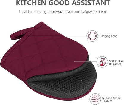Short Oven Mitts, Heat Resistant 500°F, Silicone Grip Kitchen Gloves, Non-Slip for Baking, Grilling, BBQ, Machine Washable with Hanging Loop, 2-Pack Set, Dark Red