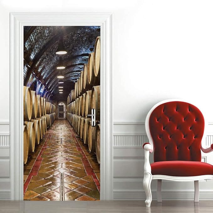 3D Door Stickers Murals Peel and Stick - Wine Cellar Wallpaper Self-Adhesive Decals Removable PVC Waterproof Poster for Bedroom Living Room 37.4" x 82.7"