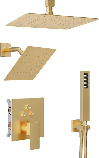 Gold Shower System, Shower Faucet Set with 3 In 1 Push Button Valve, Shower Faucet included 10" Ceiling Shower Head and 8" Wall-Mount Shower Head with Handheld Spray, Brushed Gold