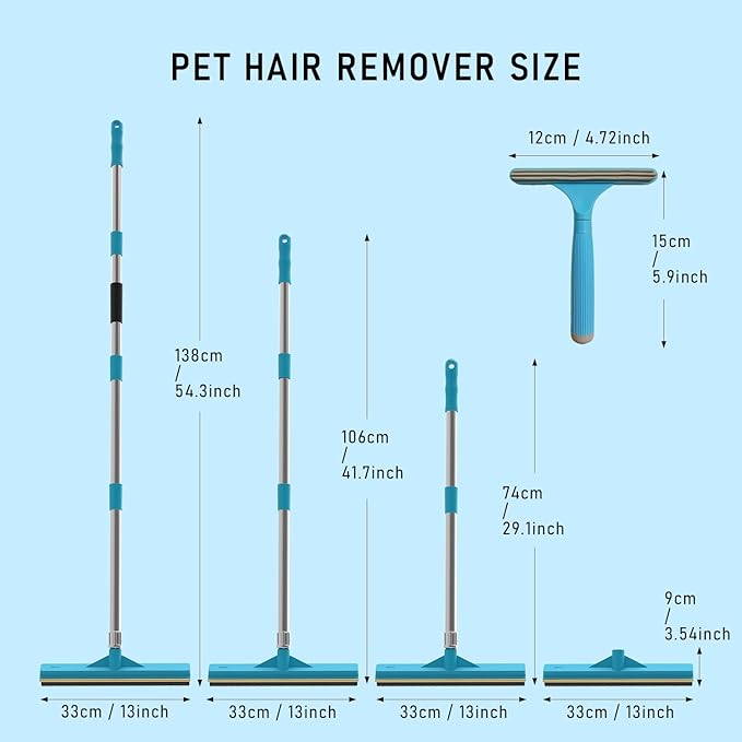Upgraded Carpet Rake for Pet Hair Removal,2PCS Reusable Pet Hair Remover with 56” Adjustable Long Handle, 3 in 1 Rubber Broom and Carpet Brush Scraper for Rugs, Mats, Couch, Furniture