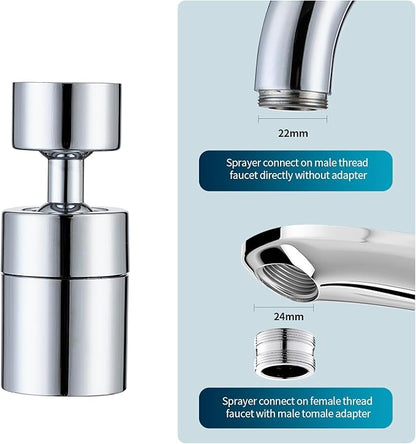 360° Swivel Faucet Aerator, Dual Mode Water Saving Sprayer Head, Chrome Brass Nozzle, Universal Fit for Kitchen & Bathroom Sinks (22mm Male & 24mm Female)