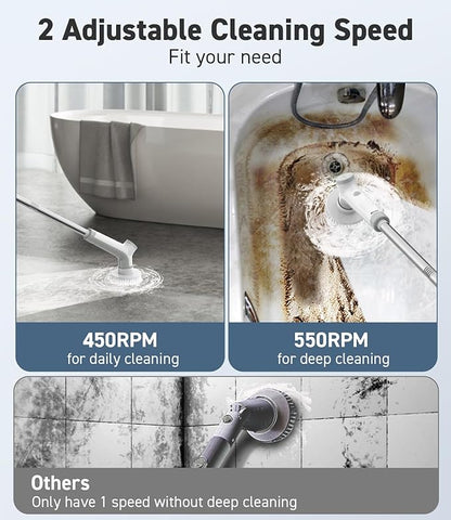 VEWIOR Electric Spin Scrubber, Cordless Cleaning Brush with 3 Adjustable Angle 2 Speeds 3 Replaceable Brush Heads for Floor Bathroom Tub Tile Kitchen Window