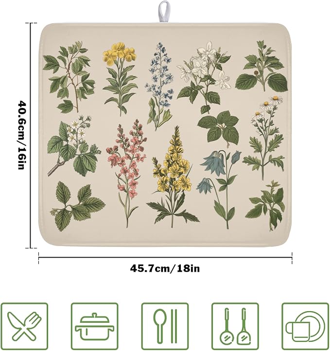 Vintage Plants Herbs Floral Dish Drying Mat for Kitchen Counter Retro Leaf Drying Mat 16x18 Inch Rustic Farmhouse Absorbent Dish Drainer Mat Kitchen Accessories