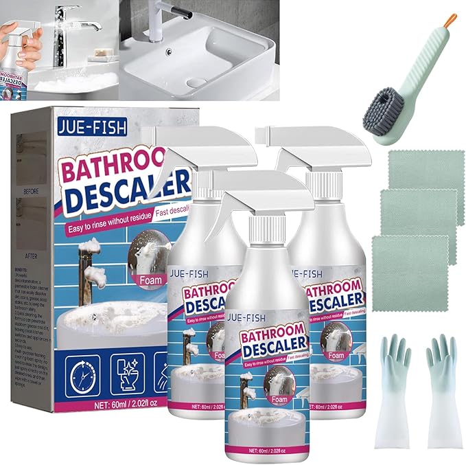 Jue Fish Bathroom Descaler, Profession Bathroom Descaler Cleaner, Bathroom Descaler Foam Cleaner, Bathroom Descaler Stubborn Stains Cleaner, Fresh Scent, 2 Ounce Bottle (3Pcs)